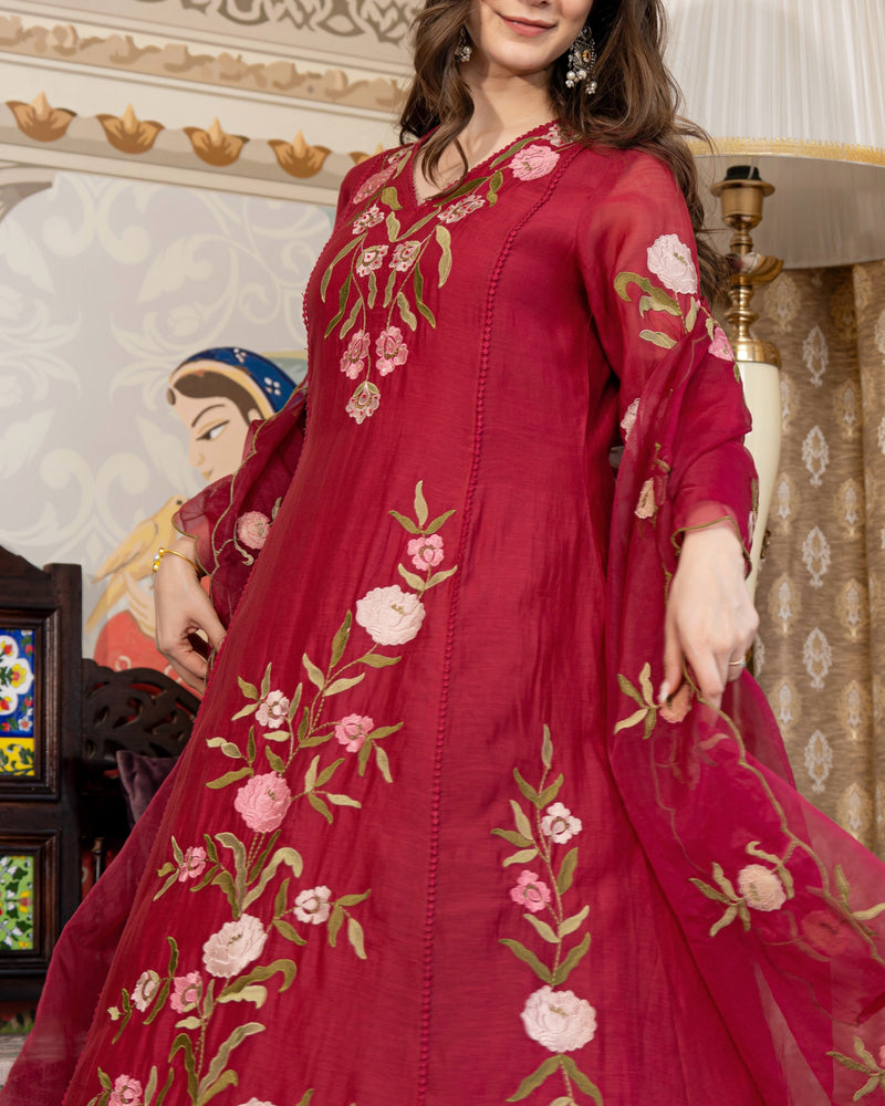 Maroon Red Mul Chanderi Threadwork Premium A Line Suit