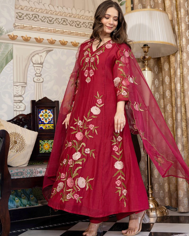 Maroon Red Mul Chanderi Threadwork Premium A Line Suit