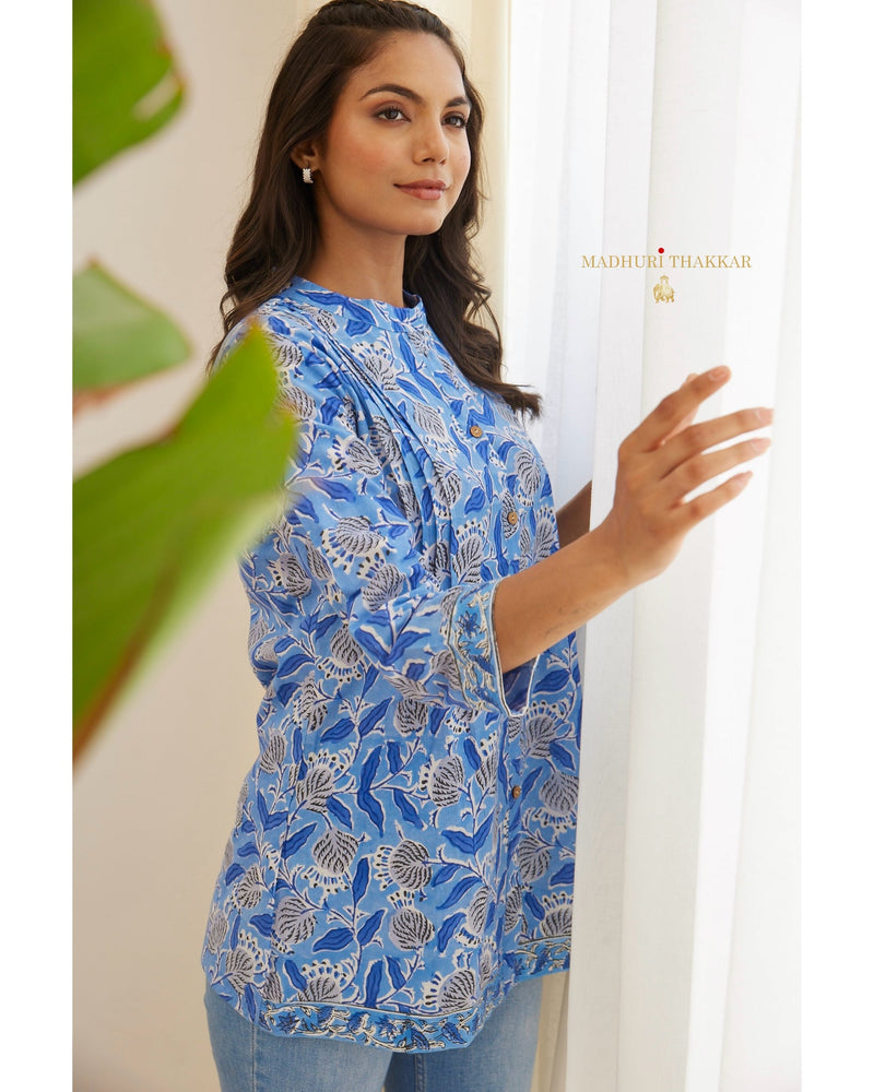 Blue Floral Pintex Cotton Tunic
