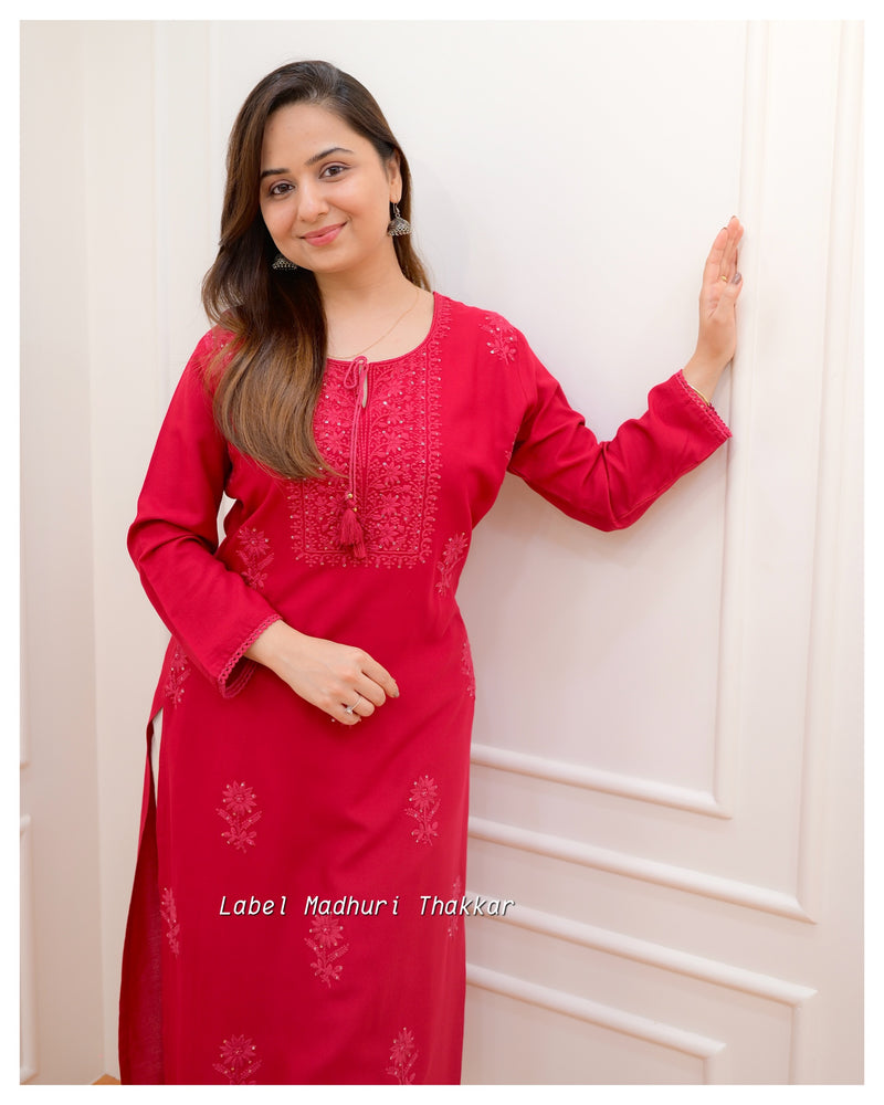 Ada Hand Embroidered Red Pure Cambric Cotton Lucknow Chikankari Women Kurta  - A100353 - Ada - 3287404