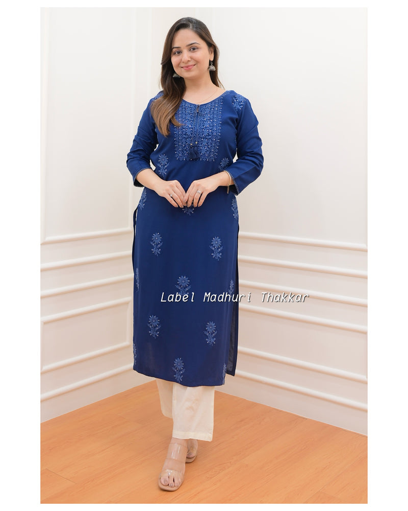 Shyamal Chikan Hand Embroidered Blue Muslin Lucknowi Chikankari Kurti