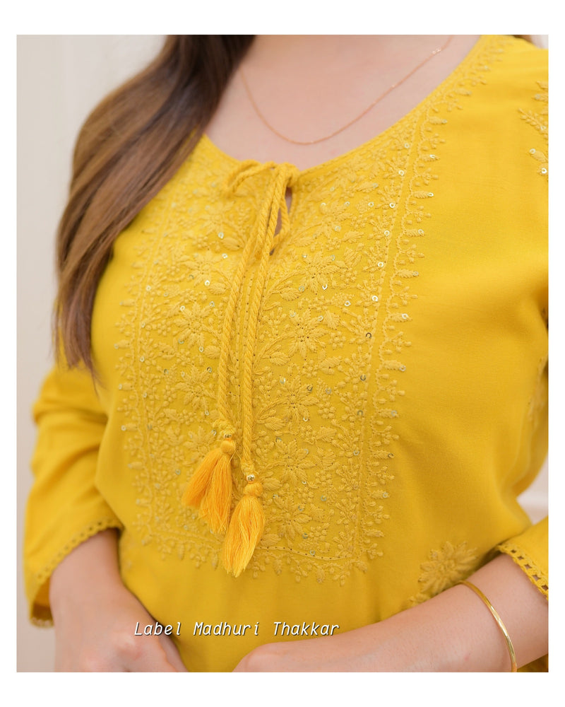 Mustard Yellow Chikankari Kurti