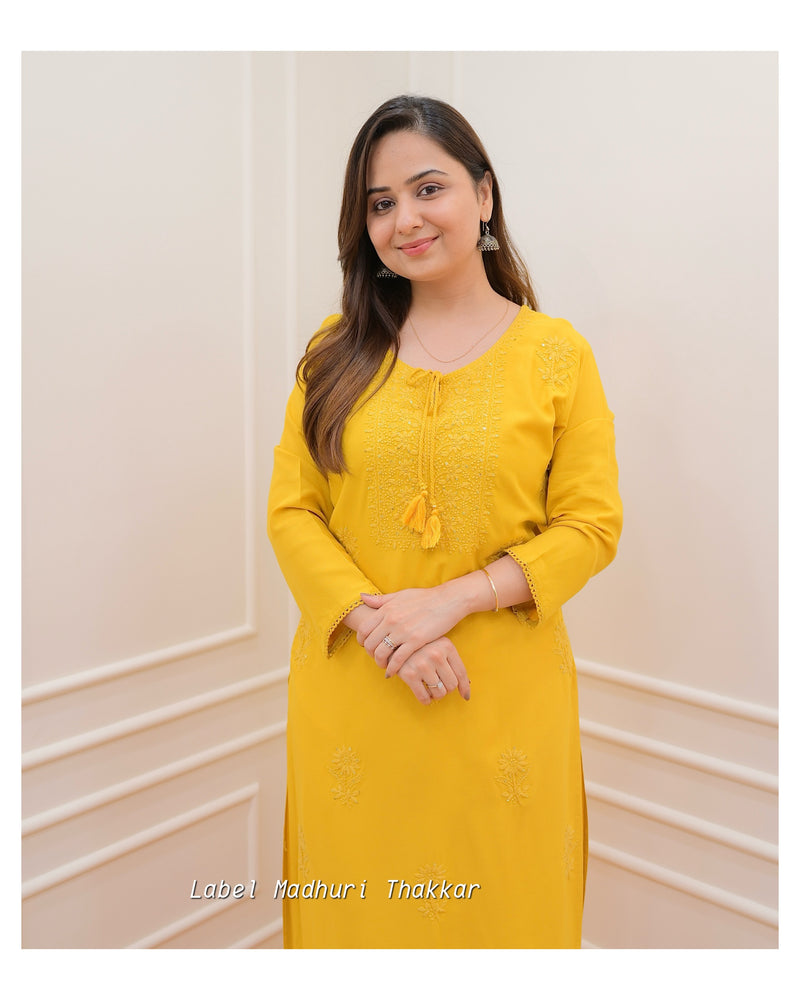 Mustard Yellow Chikankari Kurti