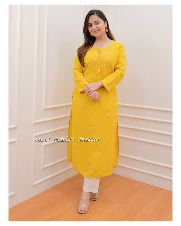 Mustard Yellow Chikankari Kurti