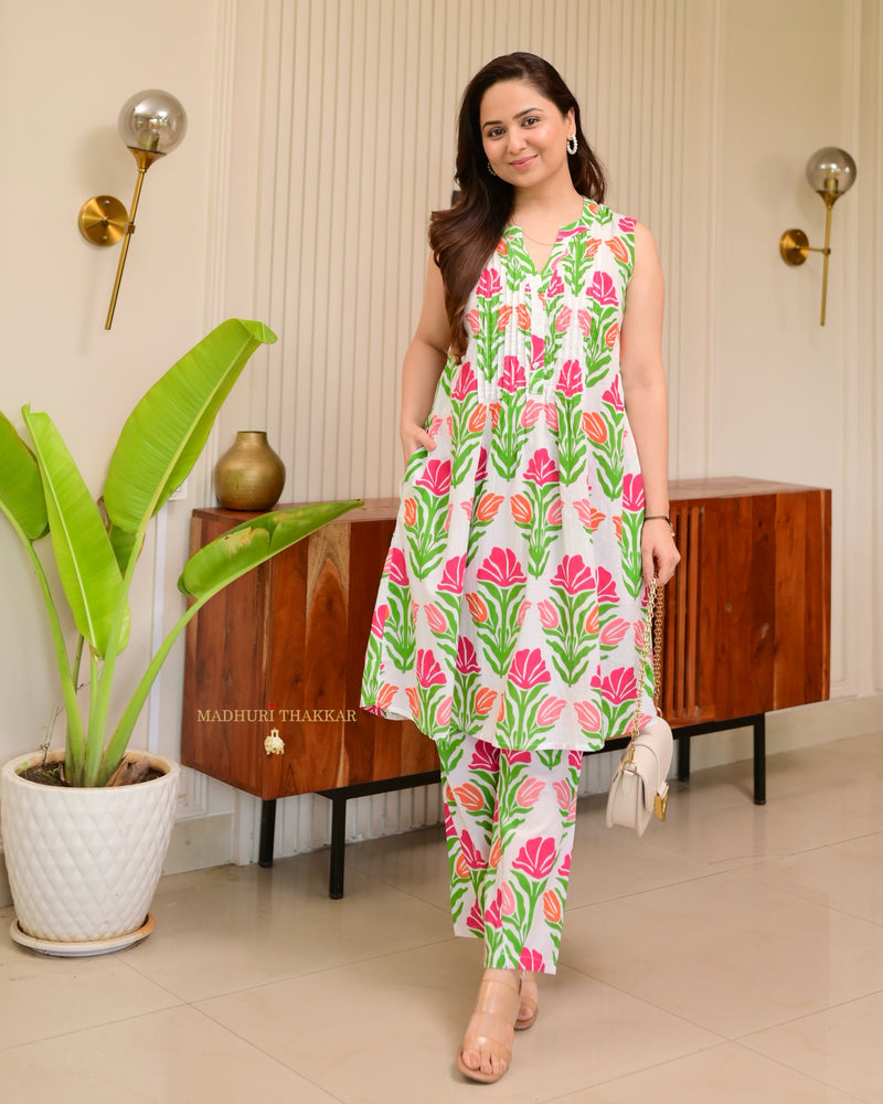 Pink Orange Floral Pintex Premium Cotton Co-ord