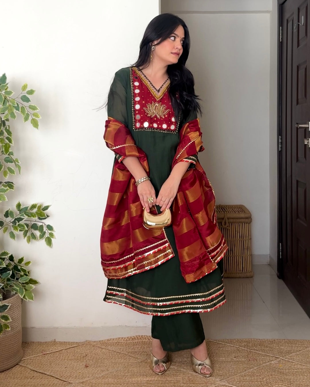 Bottle Green Lotus Handwork Mul Chanderi A Line Suit
