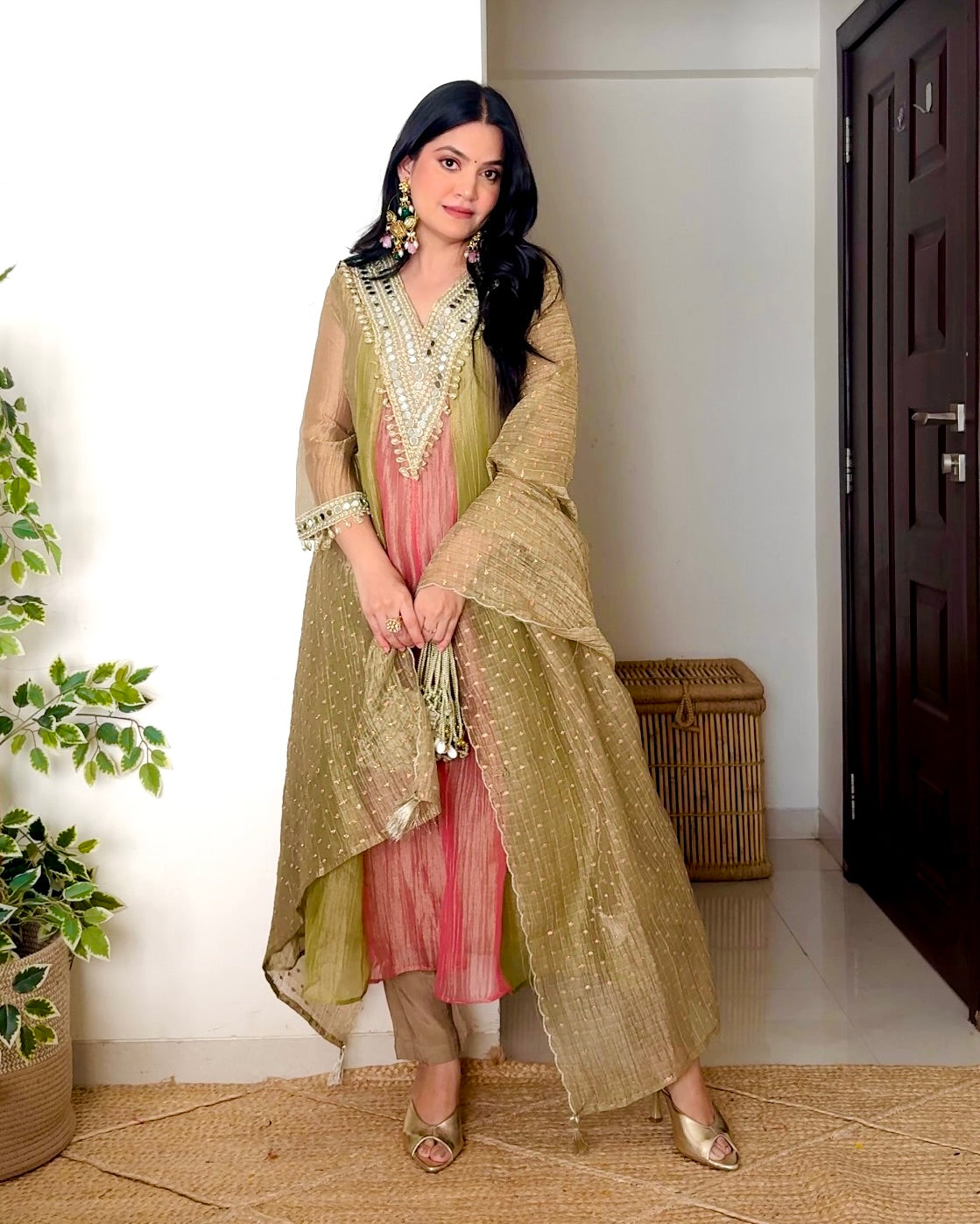 Dusty Pink Olive Mirror Handwork Crush Tissue A Line Suit