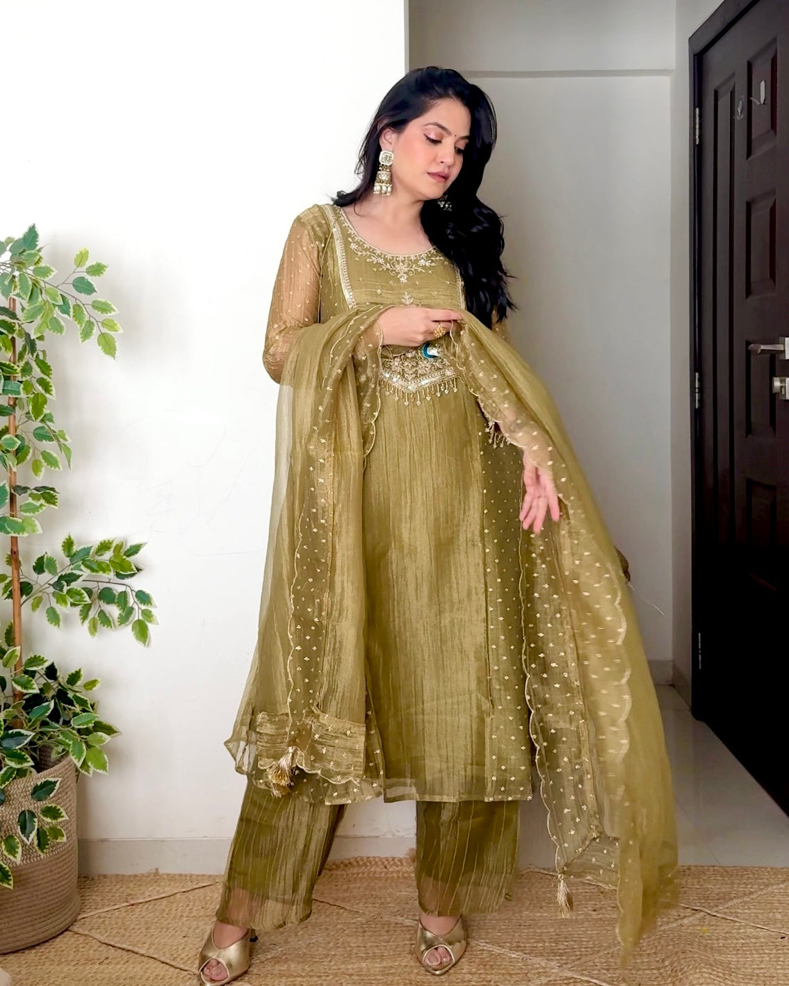 Olive Peacock Tales Handwork Crush Tissue A Line Suit