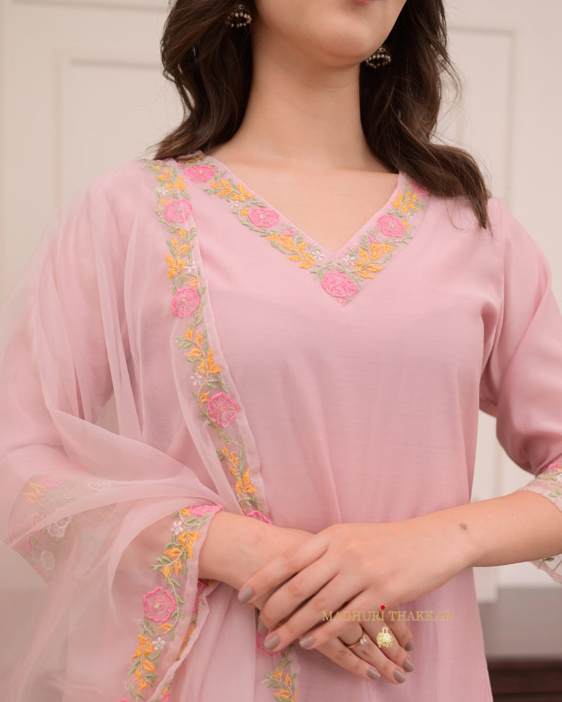 Baby Pink Threadwork Silk Suit