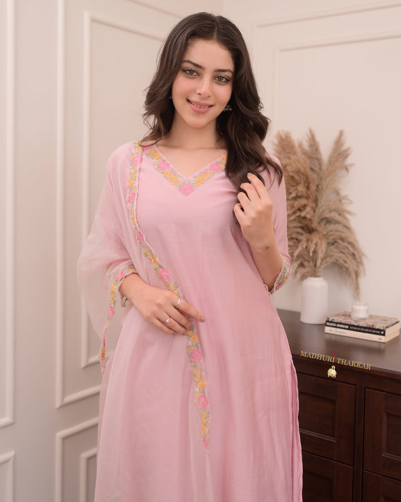 Baby Pink Threadwork Silk Suit