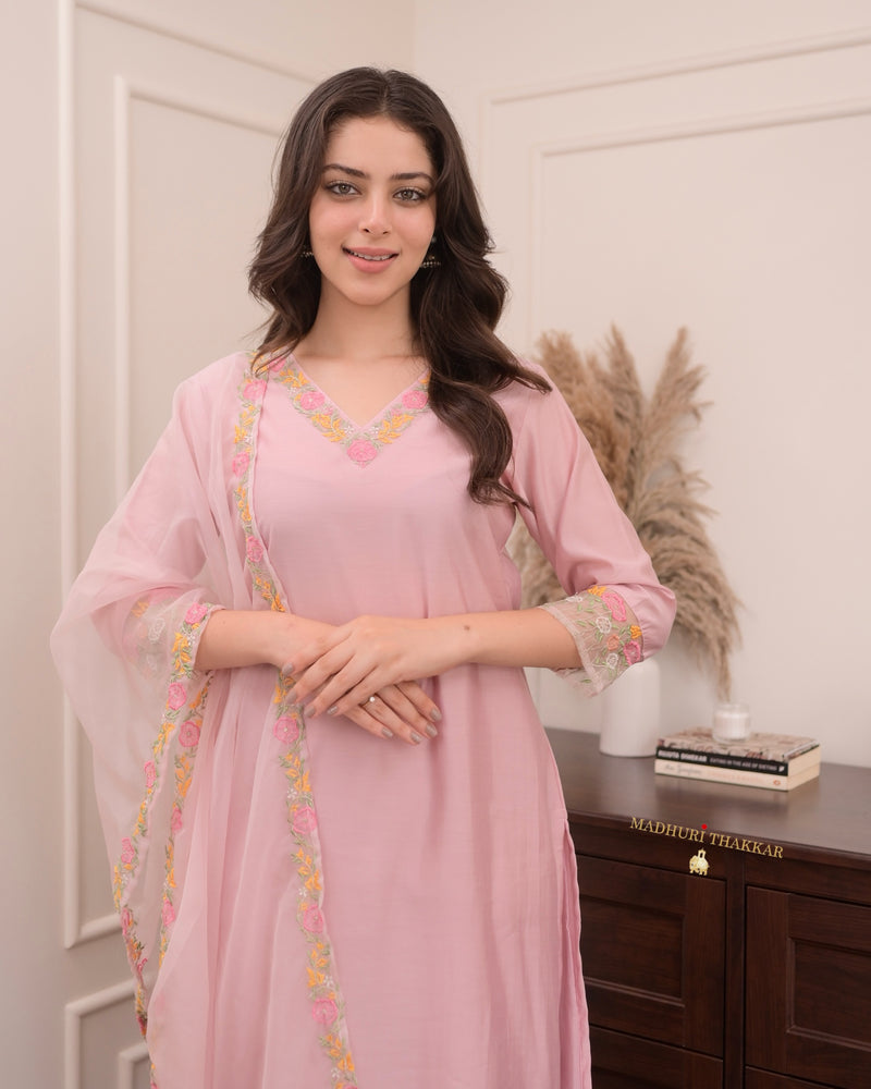 Baby Pink Threadwork Silk Suit