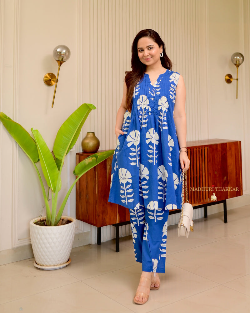 Navy Blue Floral Pintex Premium Cotton Co-ord