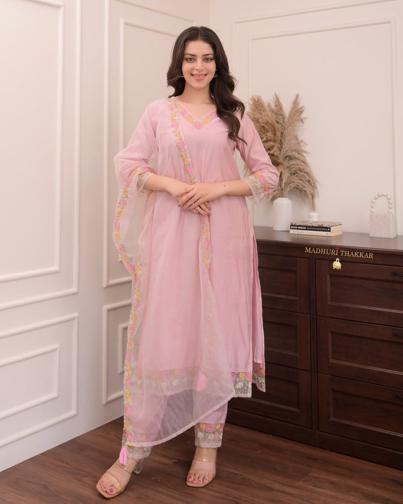 Baby Pink Threadwork Silk Suit