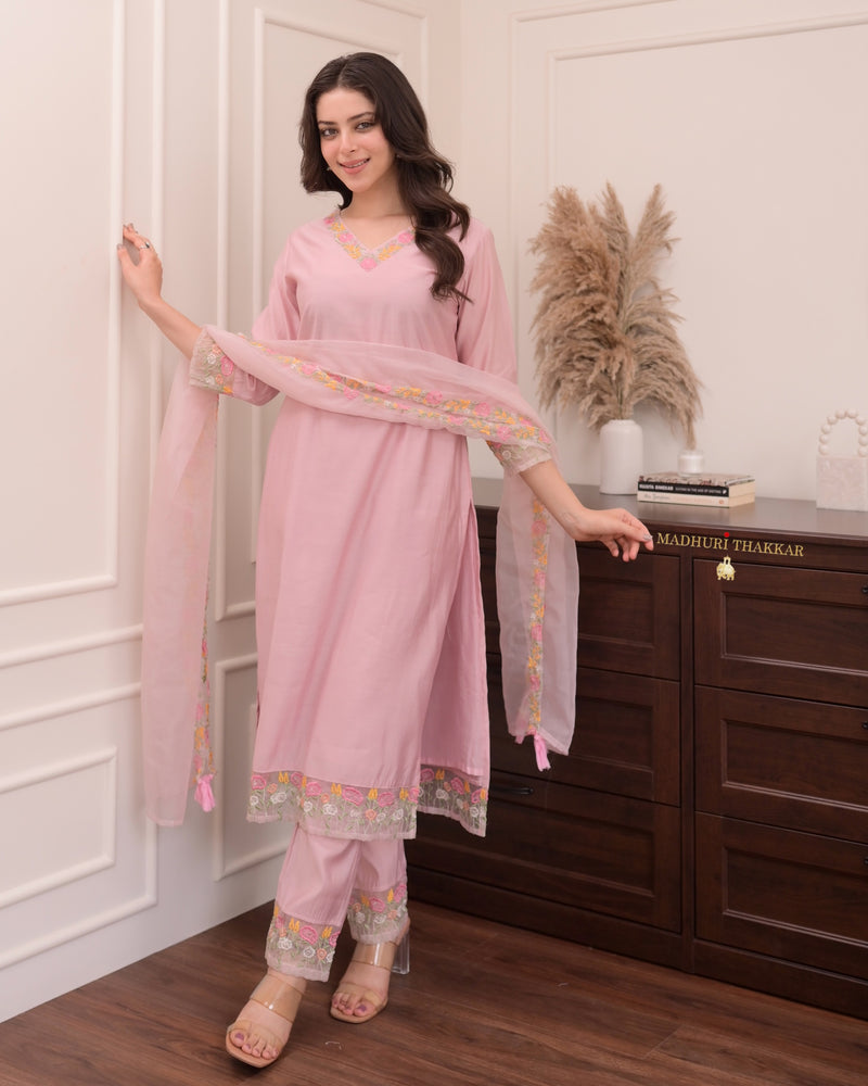 Baby Pink Threadwork Silk Suit