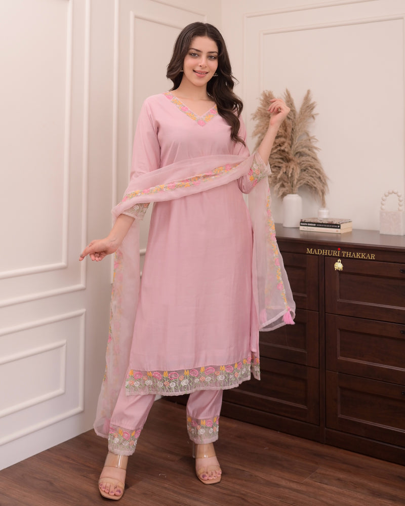 Baby Pink Threadwork Silk Suit