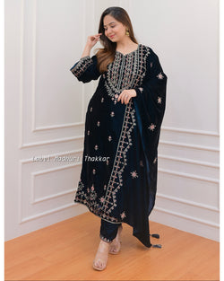 Navy Blue Handwork Velvet Suit