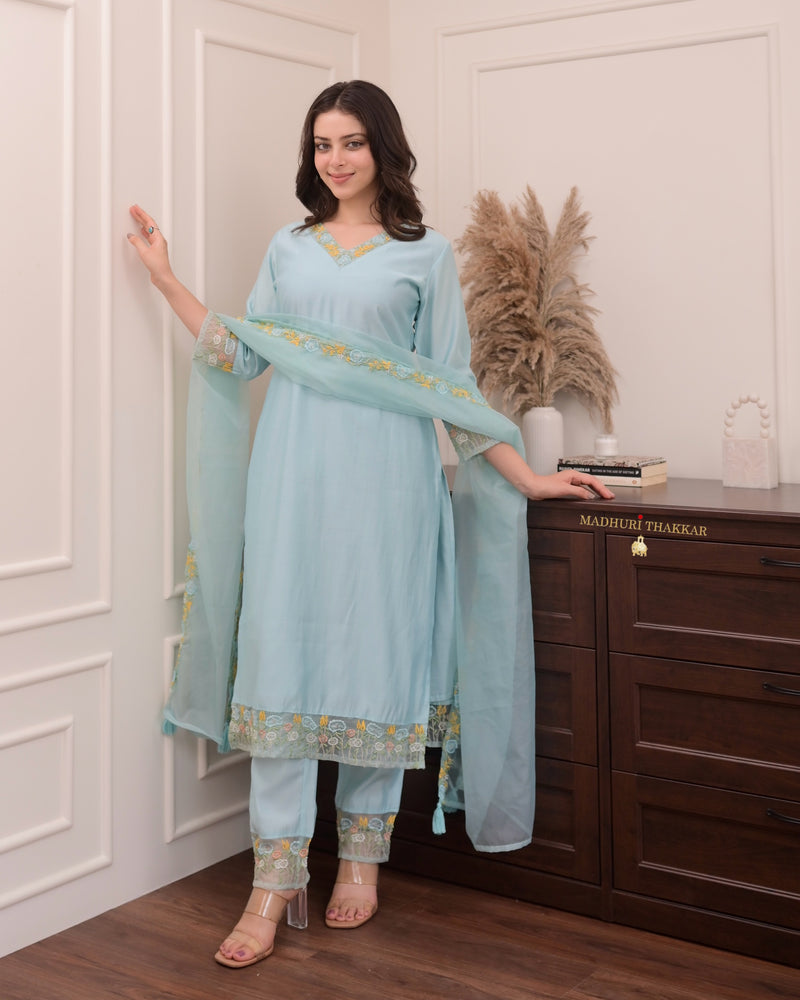 Powder Blue Threadwork Silk Suit