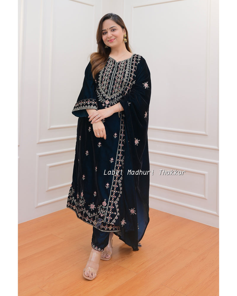 Navy Blue Handwork Velvet Suit