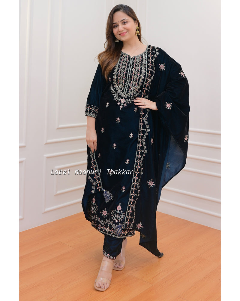 Navy Blue Handwork Velvet Suit