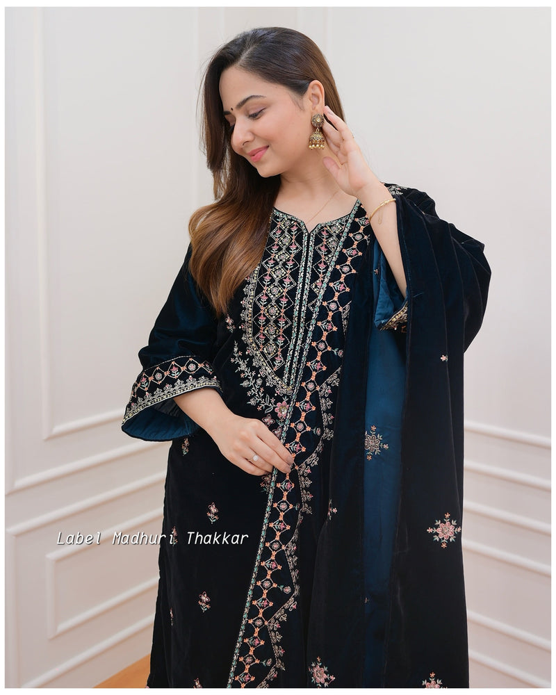 Navy Blue Handwork Velvet Suit