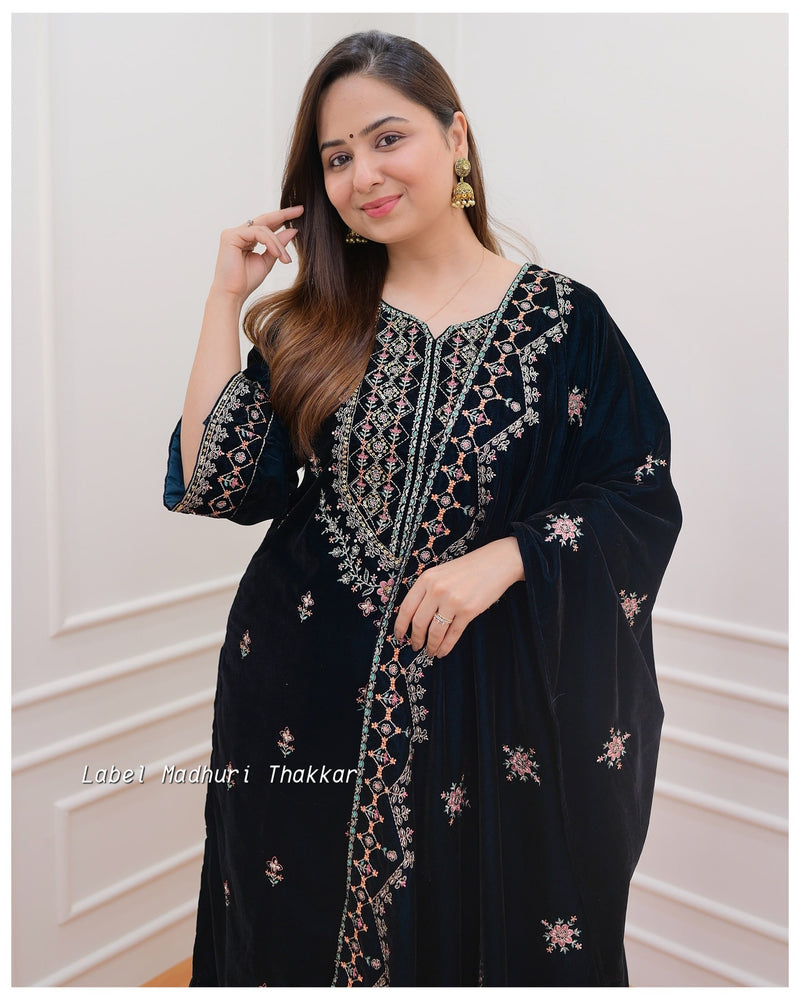Navy Blue Handwork Velvet Suit