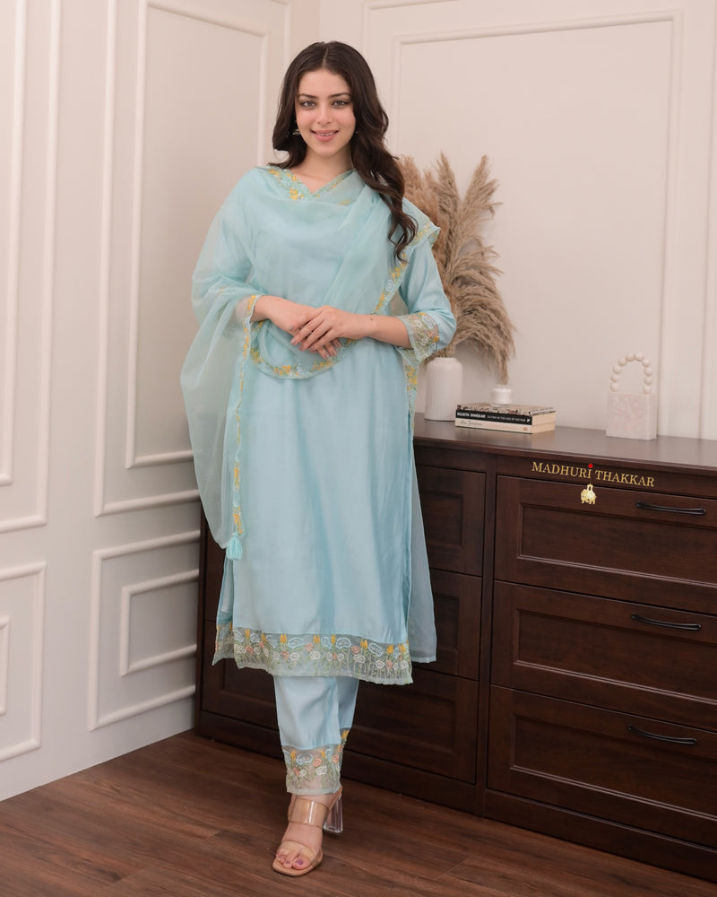 Powder Blue Threadwork Silk Suit