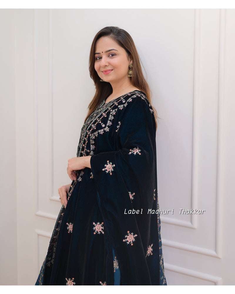 Navy Blue Handwork Velvet Suit