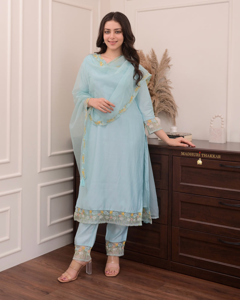 Powder Blue Threadwork Silk Suit