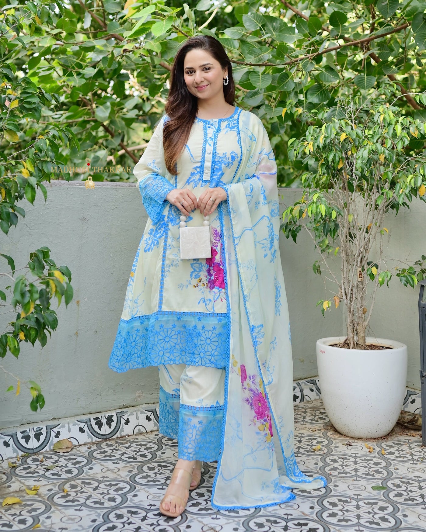 Ivory Blue Floral Printed Pakistani Cotton Suit