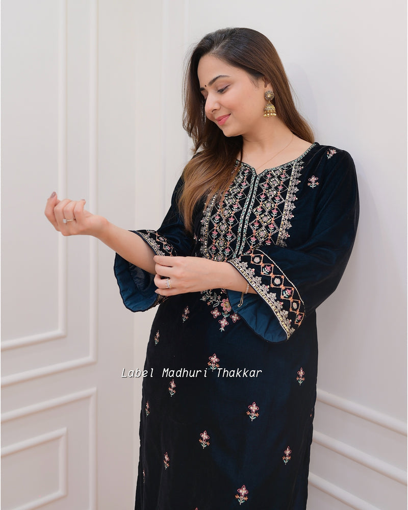 Navy Blue Handwork Velvet Suit