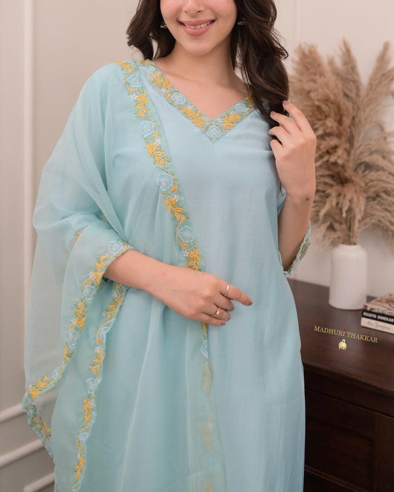 Powder Blue Threadwork Silk Suit