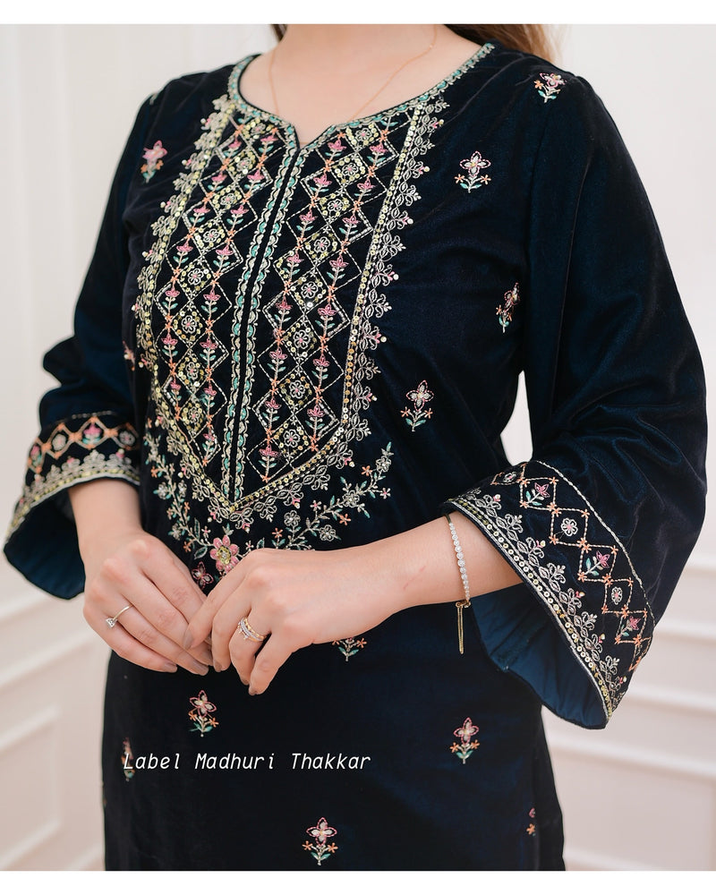 Navy Blue Handwork Velvet Suit