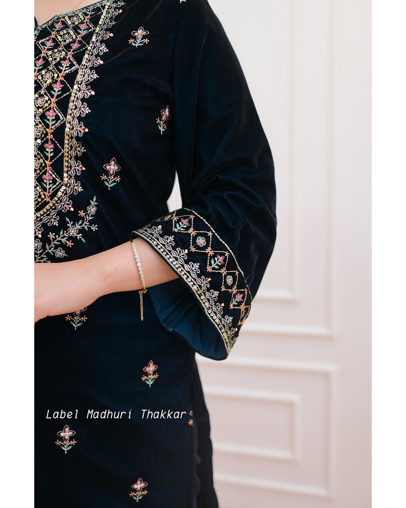 Navy Blue Handwork Velvet Suit