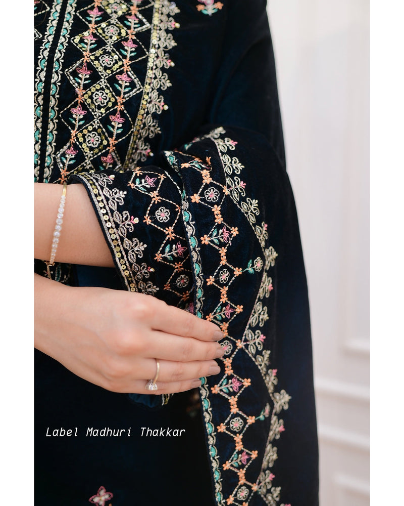 Navy Blue Handwork Velvet Suit