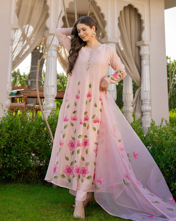 Blossom Pink Floral Mul Chanderi Festive Suit