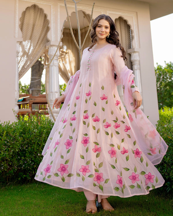Blossom Pink Floral Mul Chanderi Festive Suit