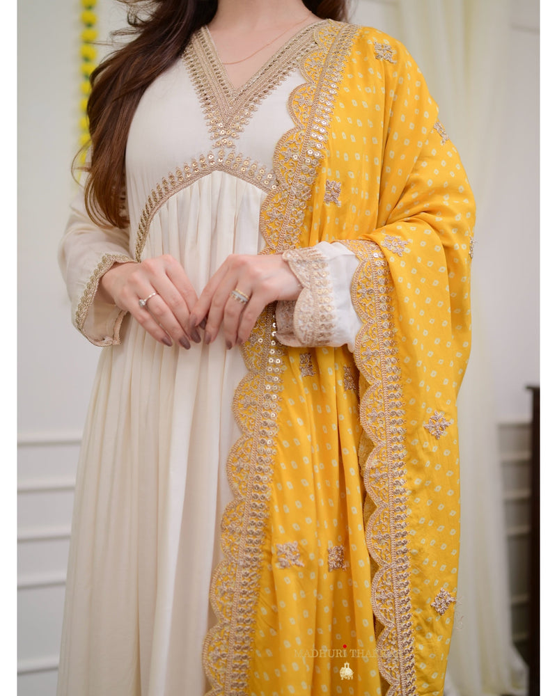 Ivory Handwork Muslin Suit With Yellow Bandhani Dupatta