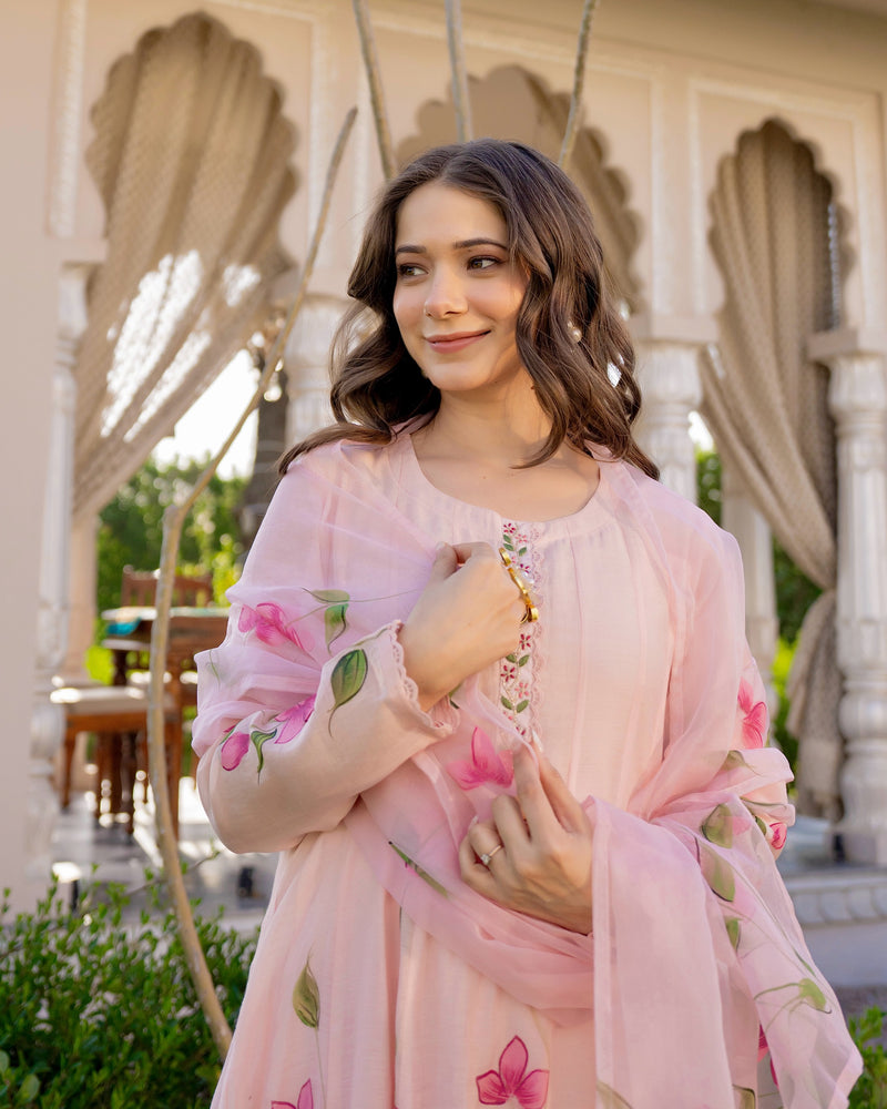 Blossom Pink Floral Mul Chanderi Festive Suit