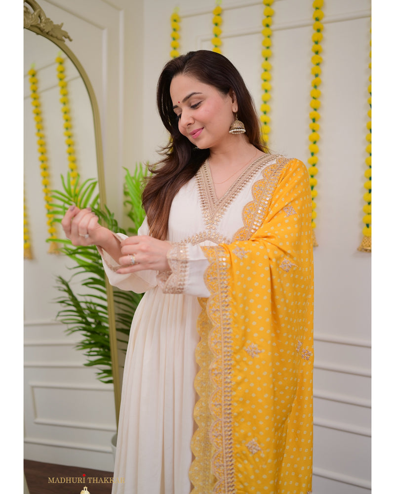 Ivory Handwork Muslin Suit With Yellow Bandhani Dupatta