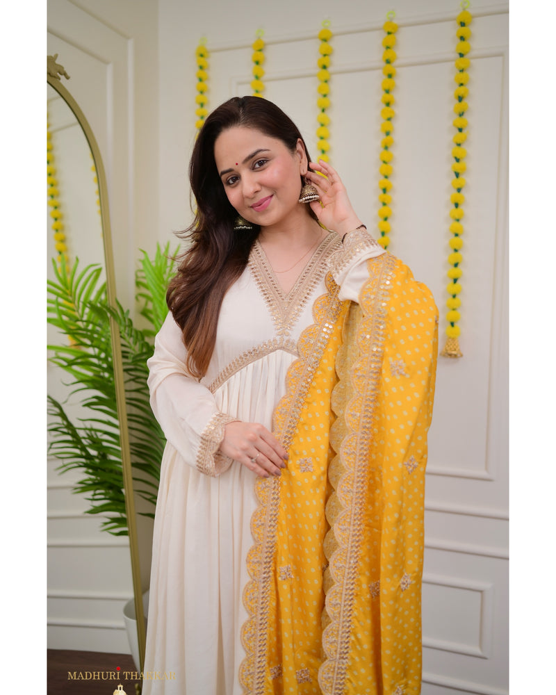 Ivory Handwork Muslin Suit With Yellow Bandhani Dupatta