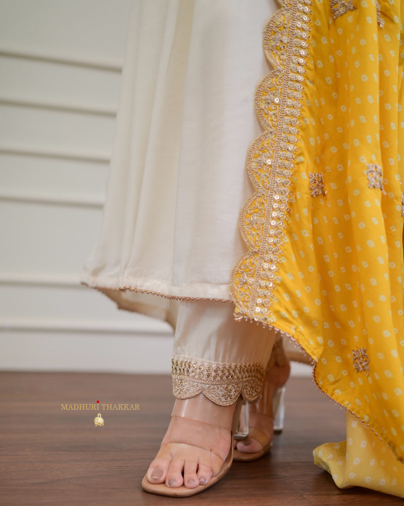 Ivory Handwork Muslin Suit With Yellow Bandhani Dupatta