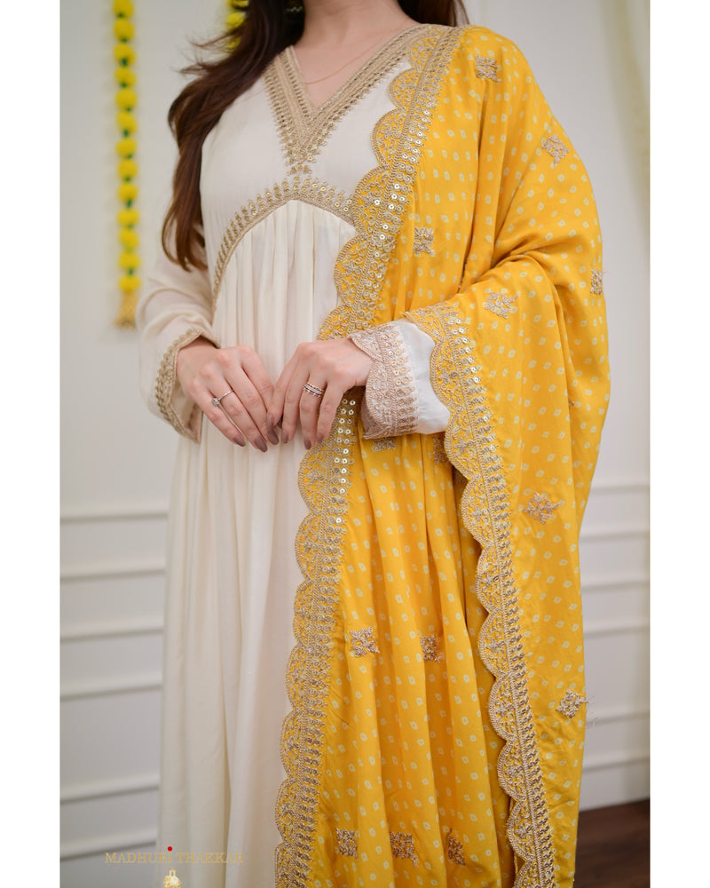 Ivory Handwork Muslin Suit With Yellow Bandhani Dupatta