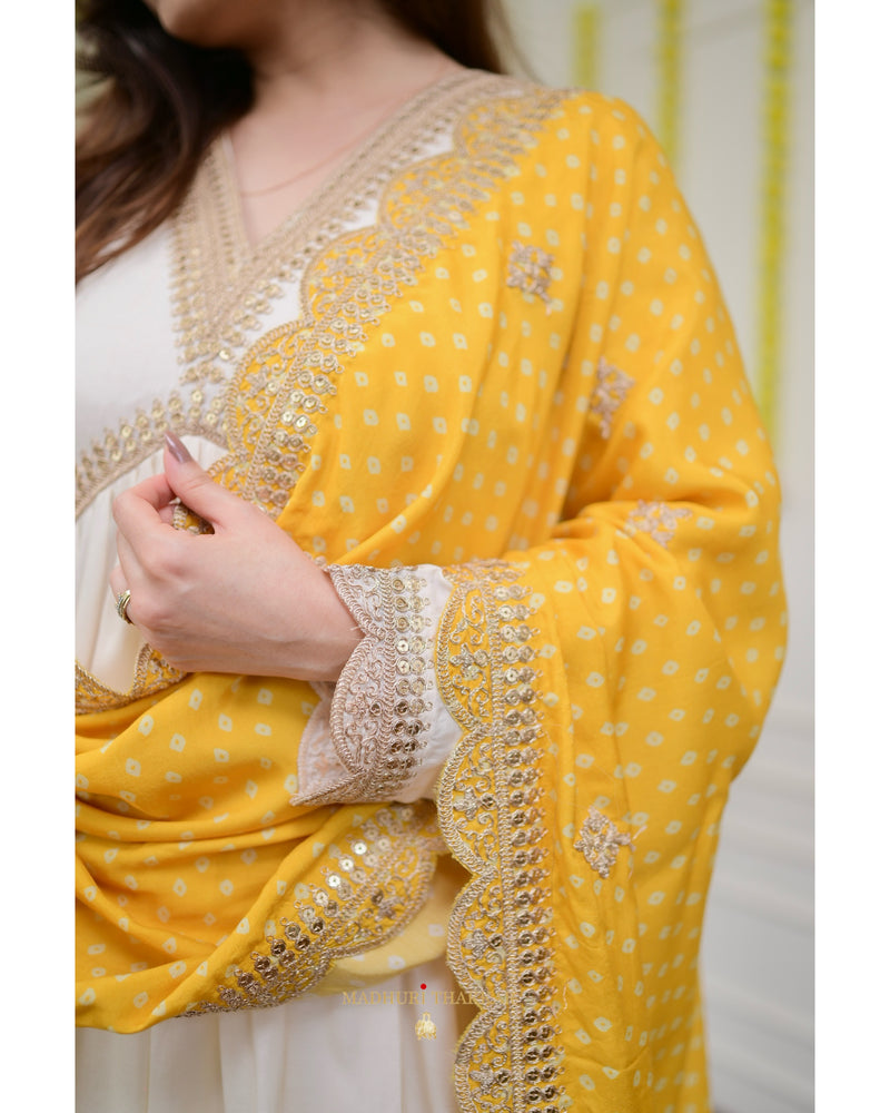 Ivory Handwork Muslin Suit With Yellow Bandhani Dupatta