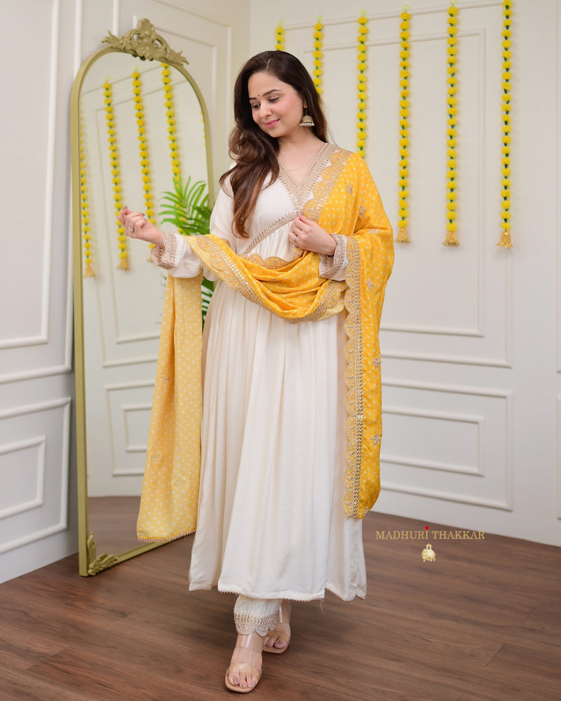 Ivory Handwork Muslin Suit With Yellow Bandhani Dupatta