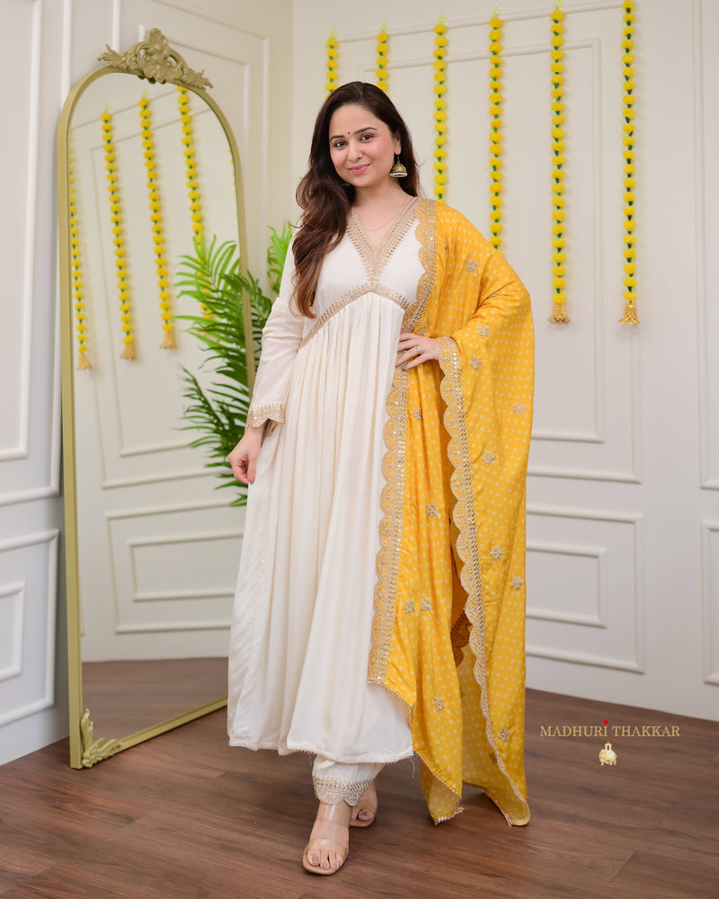 Ivory Handwork Muslin Suit With Yellow Bandhani Dupatta