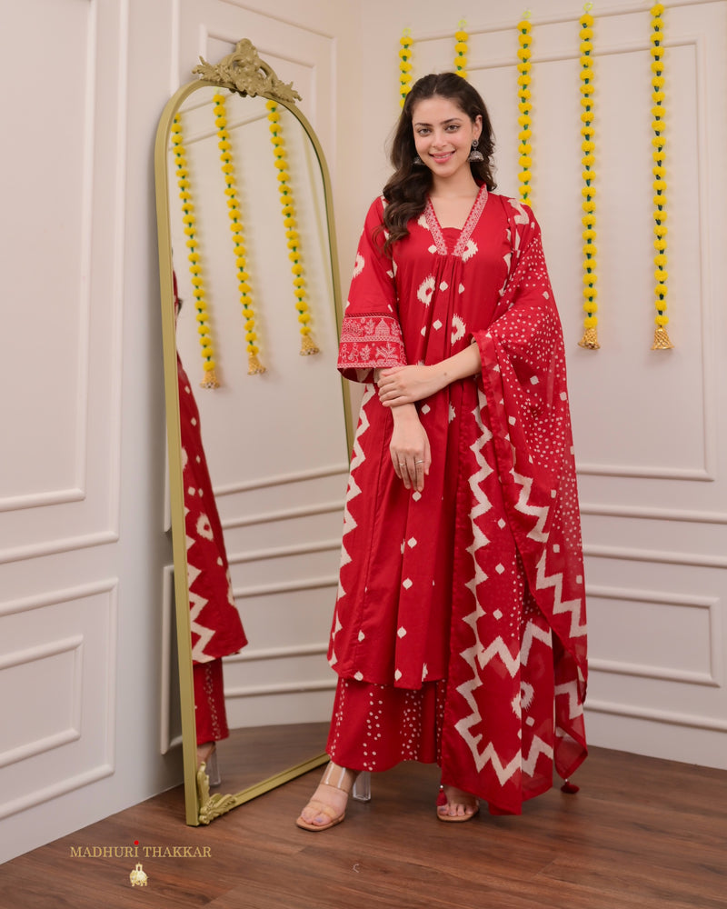 Red A Line Geometric Cotton Suit