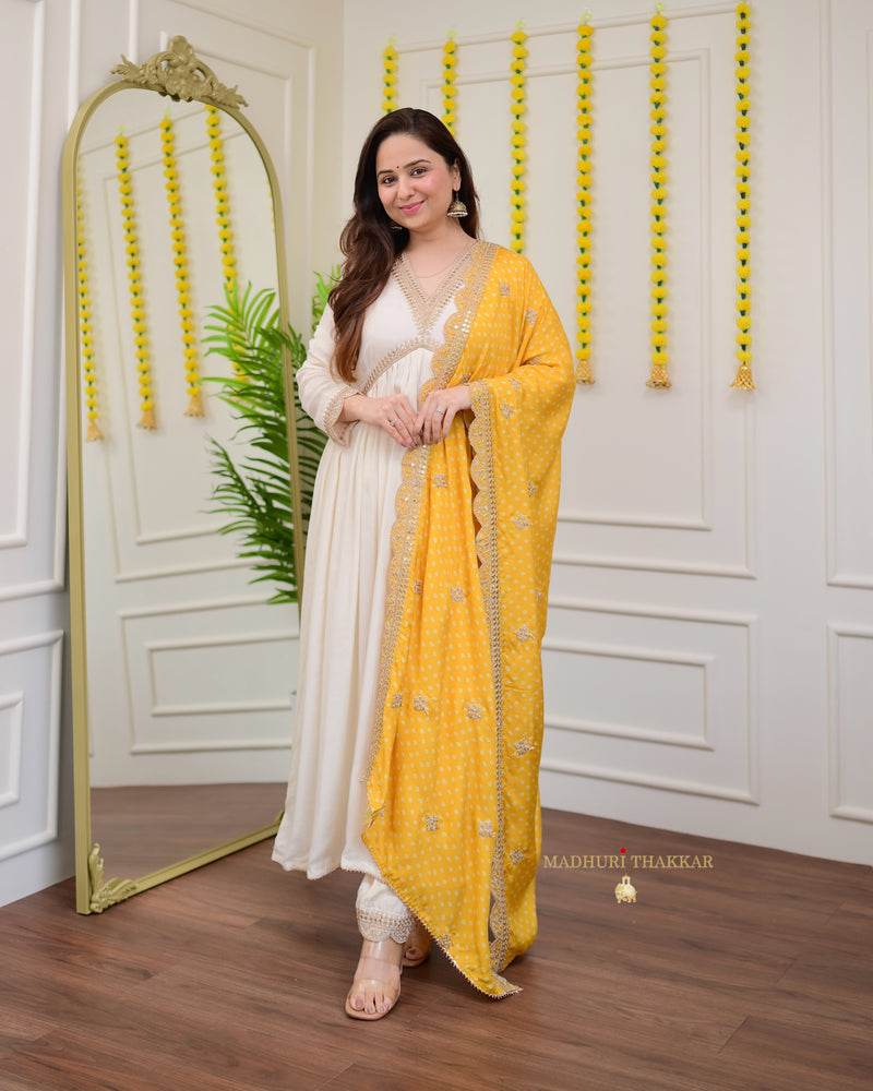 Ivory Handwork Muslin Suit With Yellow Bandhani Dupatta
