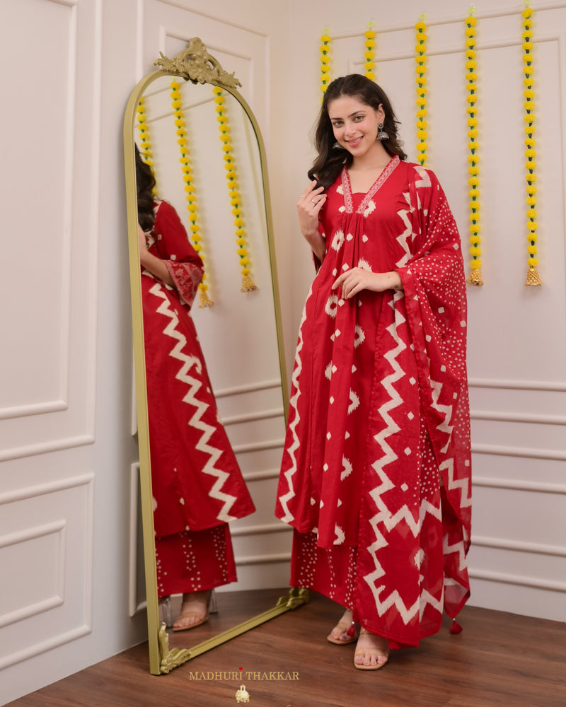 Red A Line Geometric Cotton Suit