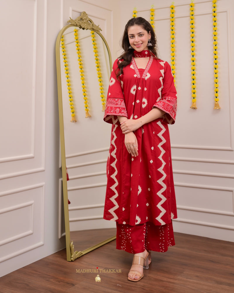 Red A Line Geometric Cotton Suit