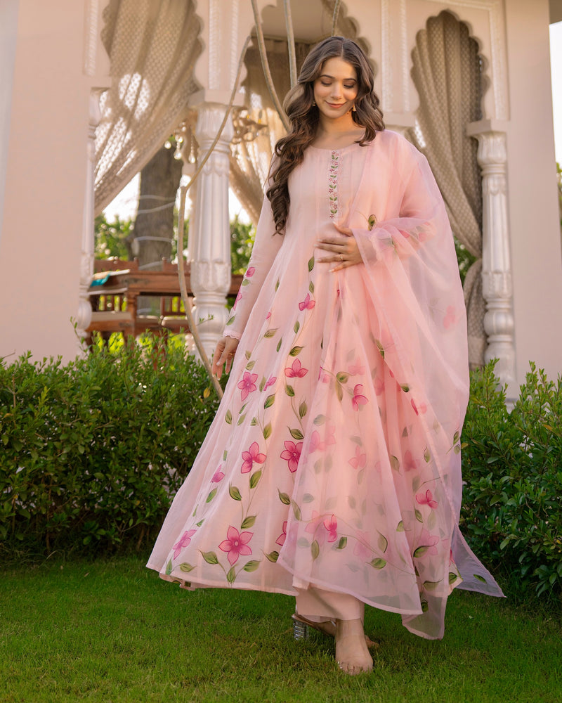 Blossom Pink Floral Mul Chanderi Festive Suit